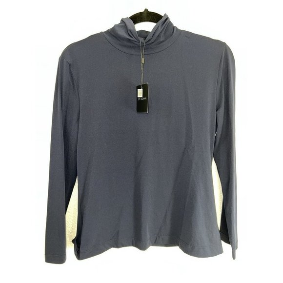 ST.JOHN Basic Shirt Navy Blue Mock Neck Turtle Neck NWTS $195 New Stretchy T - Picture 7 of 10